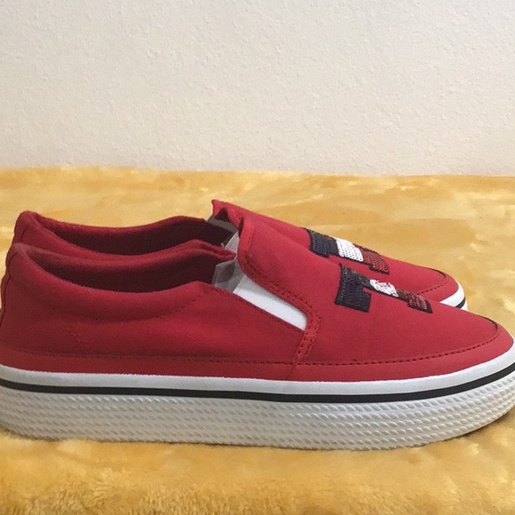 EUC. TOMMY HILFIGER Sequined Canvas Slip On Flat Sneaker Red - Picture 6 of 9